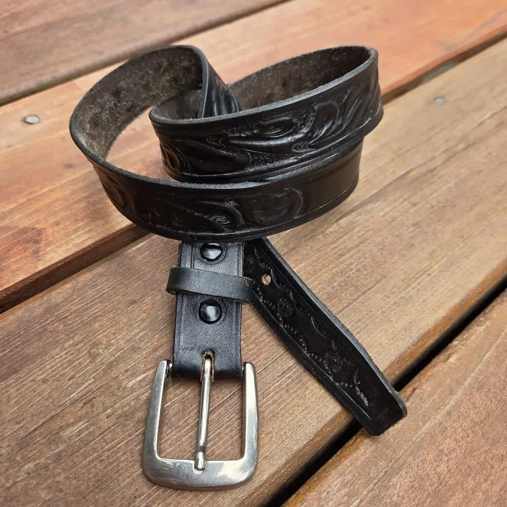 Vintage Black Tooled Leather Western Belt Size 38 Removable Buckle USA Hardware